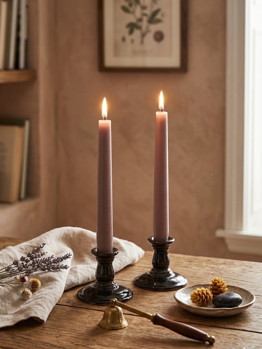 Vintage Cottagecore Dark Glazed Ceramic Taper Candlestick Holder Set (Pair)